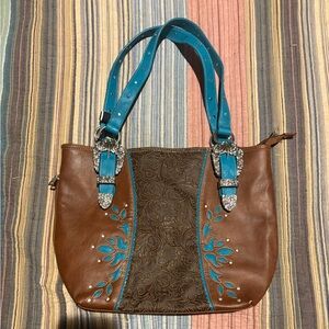 Brown and Turquoise Embroidered Women's Bag